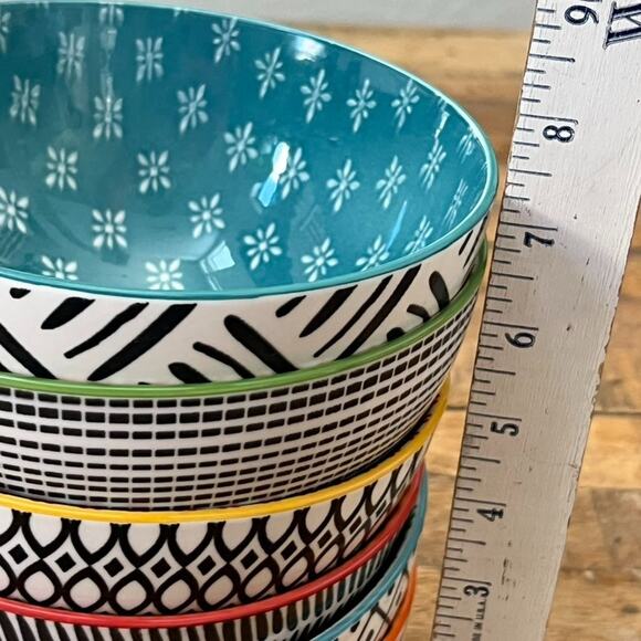 Over and Back Bowls Double Print Geometry Colorful Stoneware Set of 6 - Picture 11 of 13